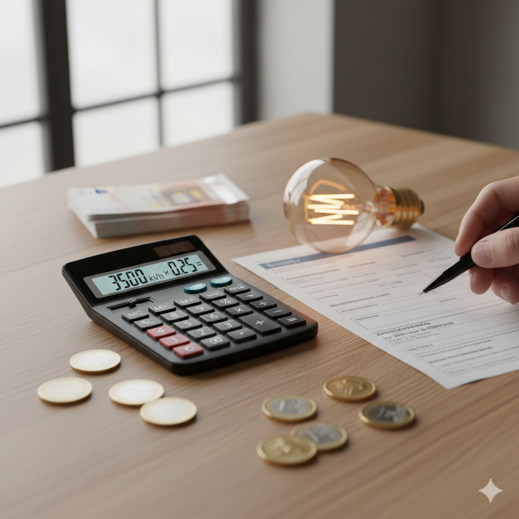 Stromkosten berechnen: Ein Taschenrechner und eine Stromrechnung auf einem Holztisch - Struga Consulting
