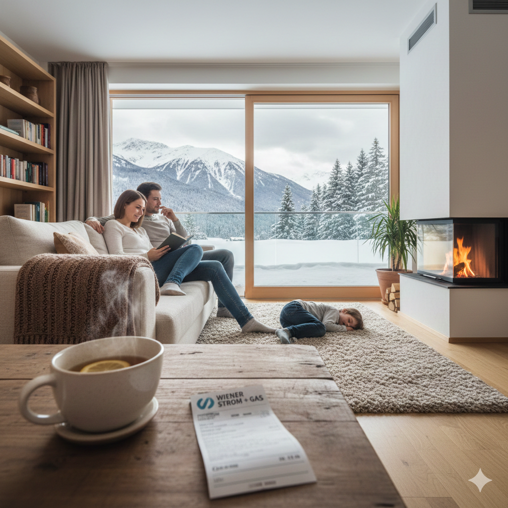 Modernes Wohnzimmer in Österreich, gemütlich eingerichtet - Symbolbild für Stromsparen im Haushalt