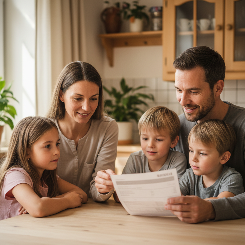 Familie in Österreich sitzt am Küchentisch und prüft gemeinsam die Strom- und Gasrechnung
