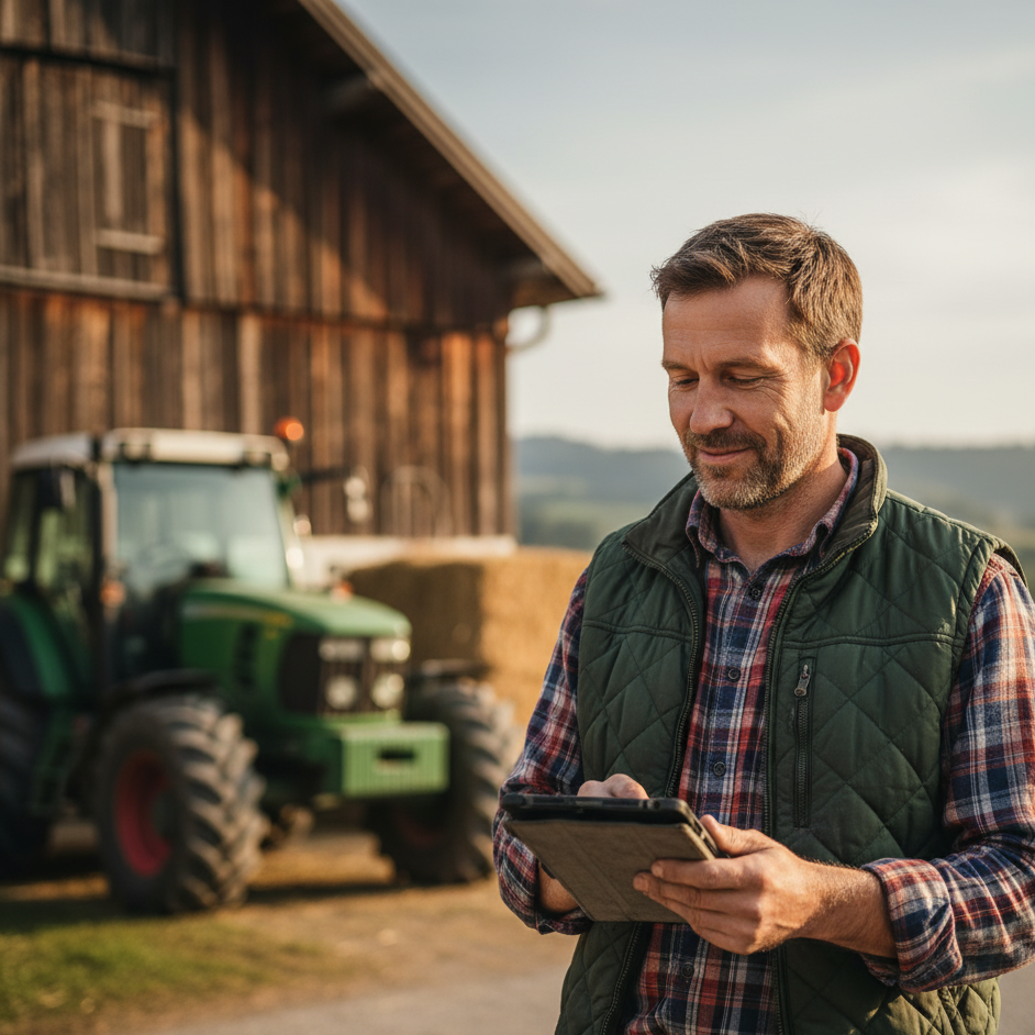 Landwirt in Österreich steht am Hof und prüft Energieabrechnungen